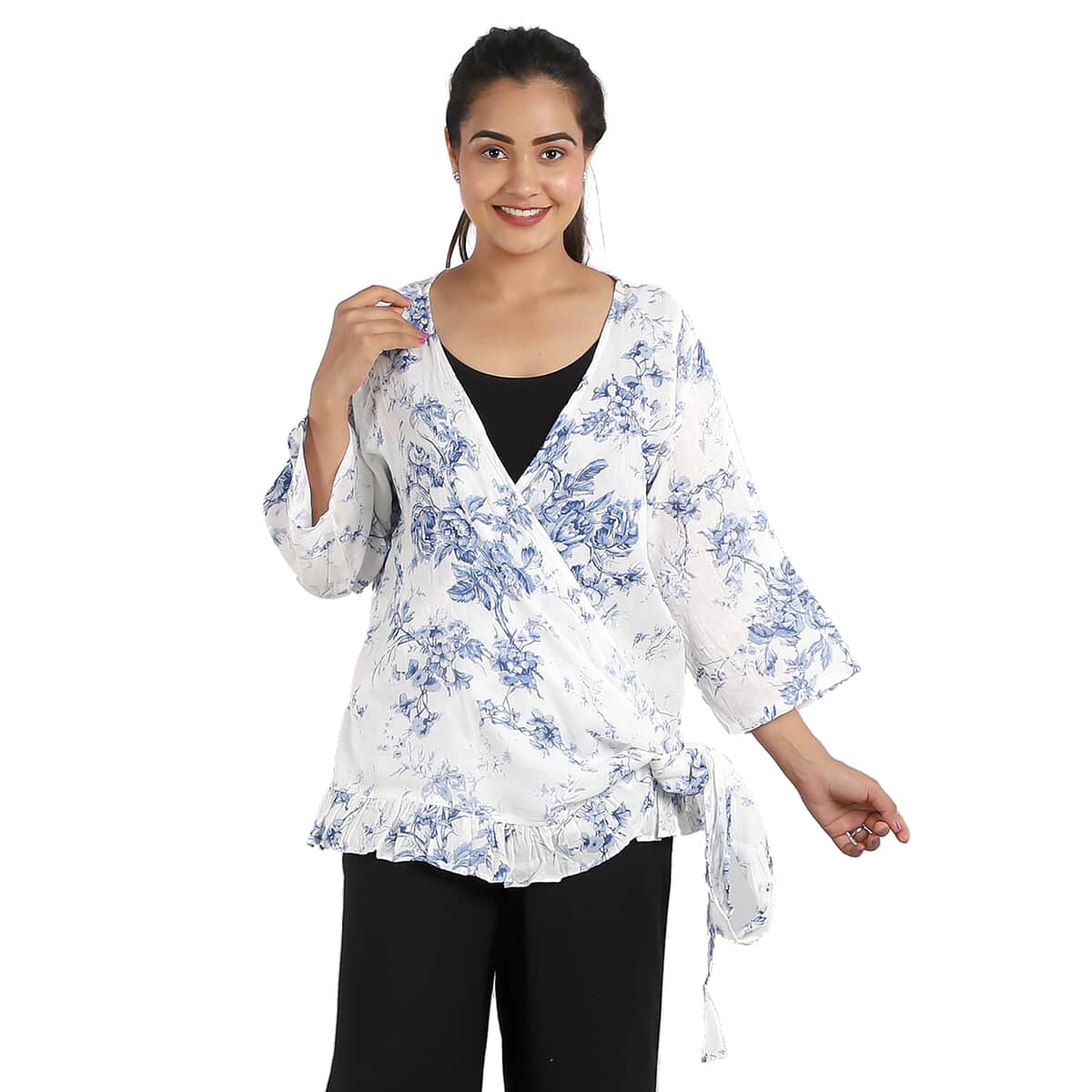 JOVIE Blue Floral Cotton Gauze Wrap Blouse with Frill Trim - One Size Missy (26.25"x23.5") image number 0