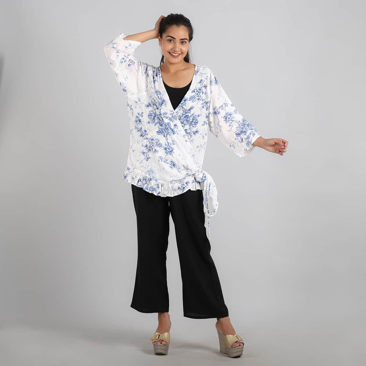 JOVIE Blue Floral Cotton Gauze Wrap Blouse with Frill Trim - One Size Missy (26.25"x23.5") image number 1