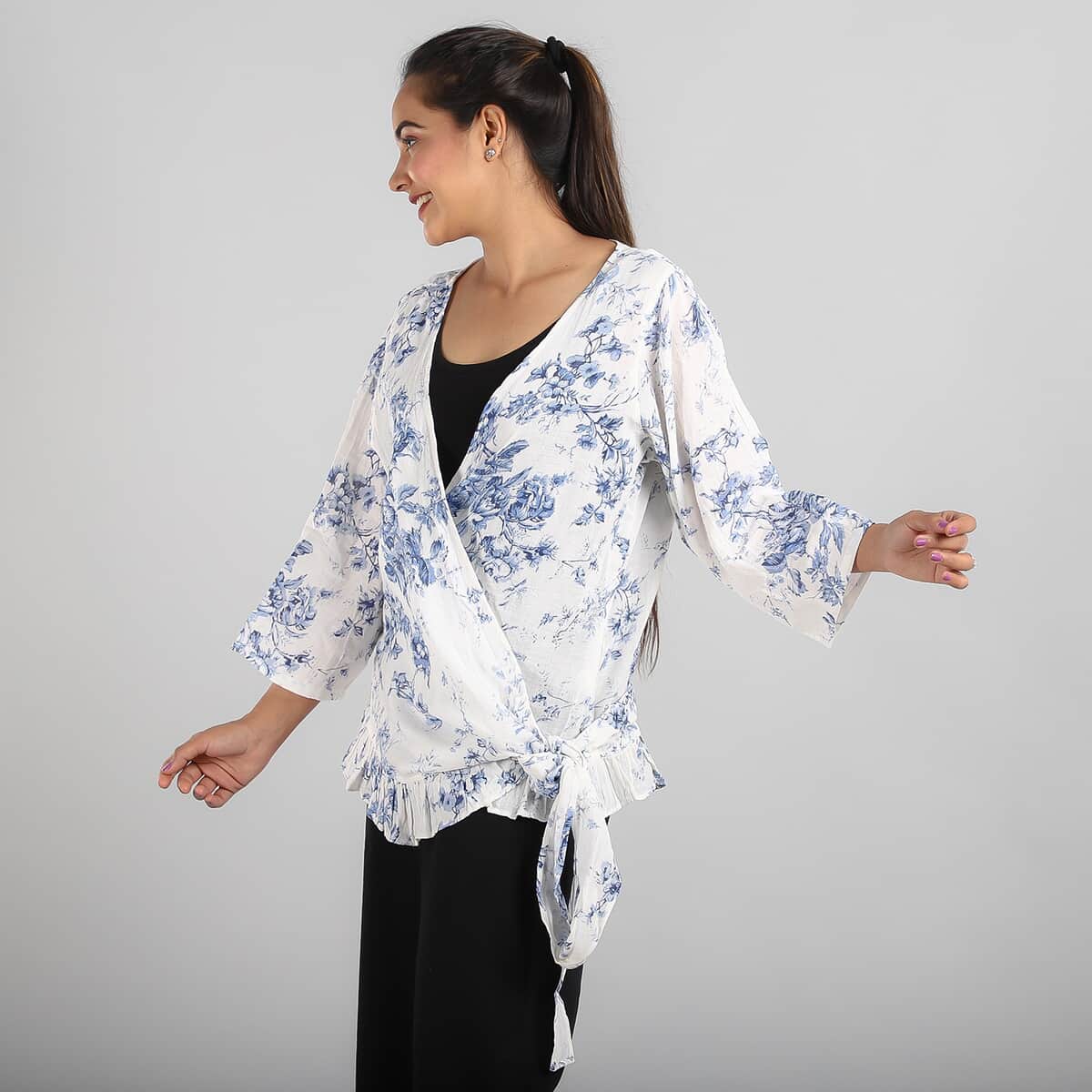 JOVIE Blue Floral Cotton Gauze Wrap Blouse with Frill Trim - One Size Missy (26.25"x23.5") image number 2