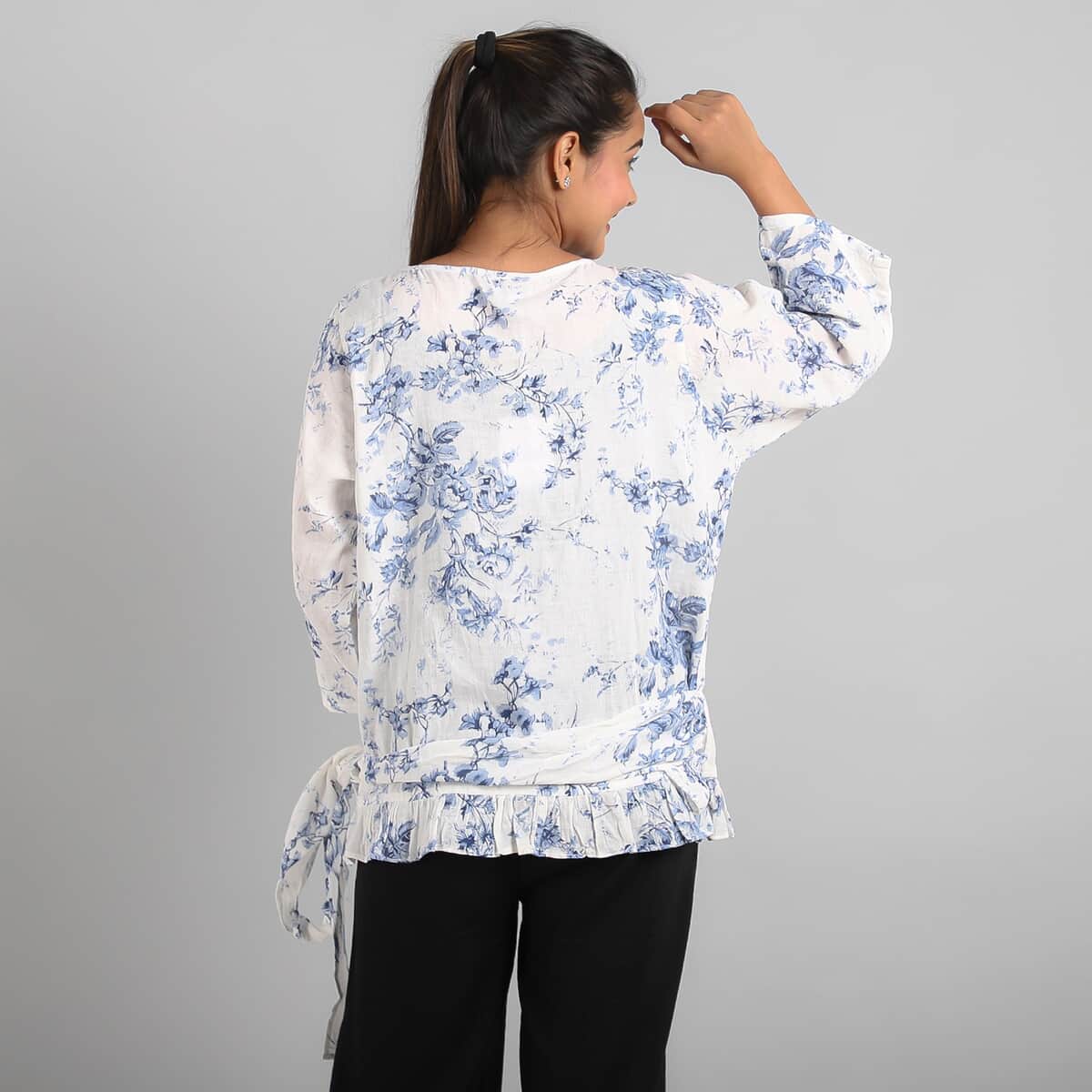 JOVIE Blue Floral Cotton Gauze Wrap Blouse with Frill Trim - One Size Missy (26.25"x23.5") image number 3
