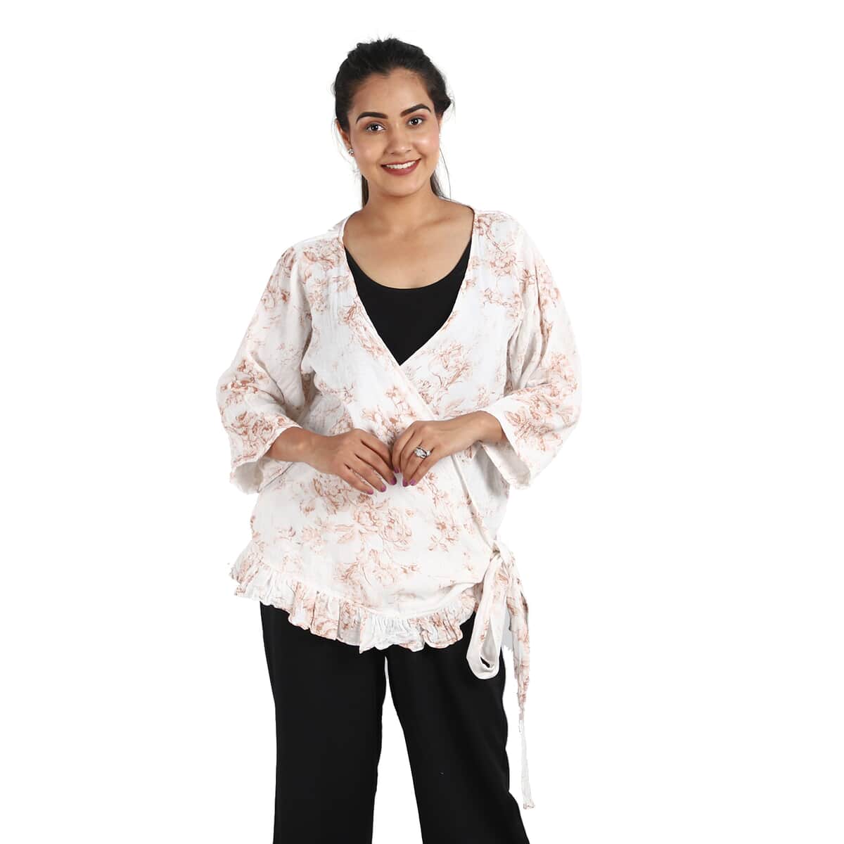 JOVIE Pink with Floral pattern Cotton Gauze Wrap Blouse with Frill Trim - One Size Missy image number 0