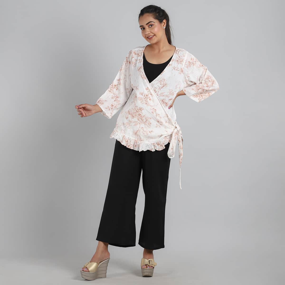 JOVIE Pink with Floral pattern Cotton Gauze Wrap Blouse with Frill Trim - One Size Missy image number 1