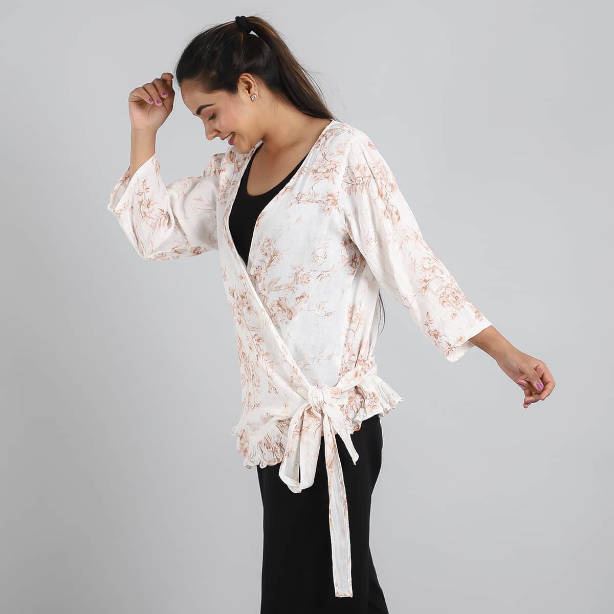 JOVIE Pink with Floral pattern Cotton Gauze Wrap Blouse with Frill Trim - One Size Missy image number 2