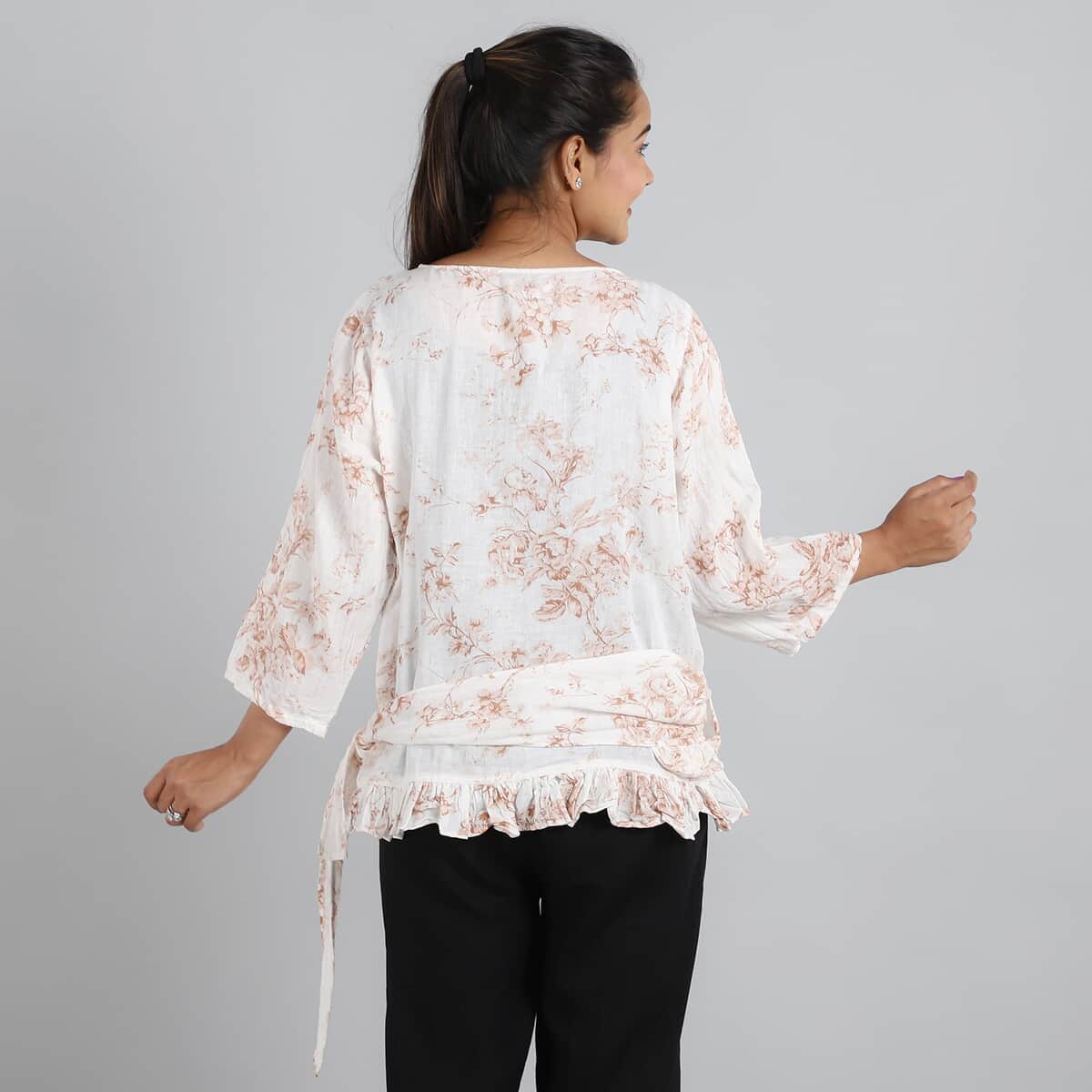 JOVIE Pink with Floral pattern Cotton Gauze Wrap Blouse with Frill Trim - One Size Missy image number 3