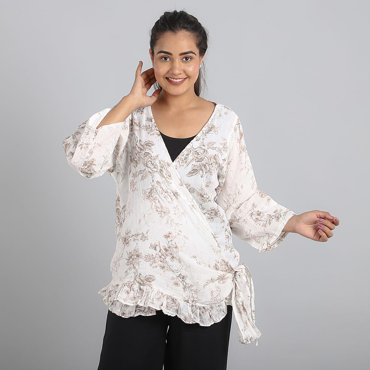 JOVIE Khaki Floral Cotton Gauze Wrap Blouse with Frill Trim - One Size Missy image number 0