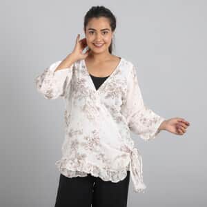 JOVIE Khaki Floral Cotton Gauze Wrap Blouse with Frill Trim - One Size Missy