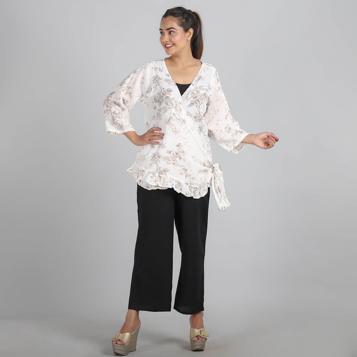 JOVIE Khaki Floral Cotton Gauze Wrap Blouse with Frill Trim - One Size Missy image number 1