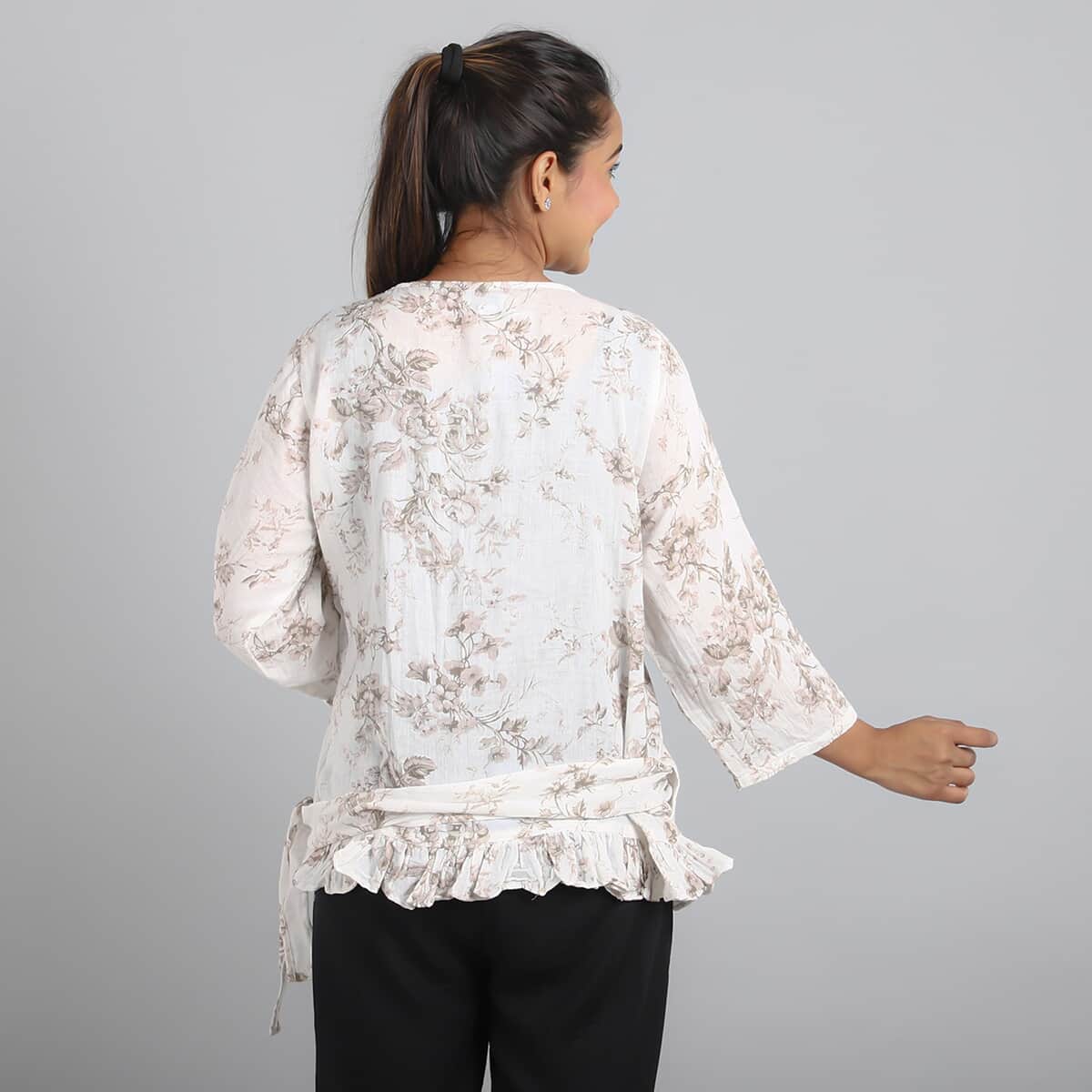 JOVIE Khaki Floral Cotton Gauze Wrap Blouse with Frill Trim - One Size Missy image number 3