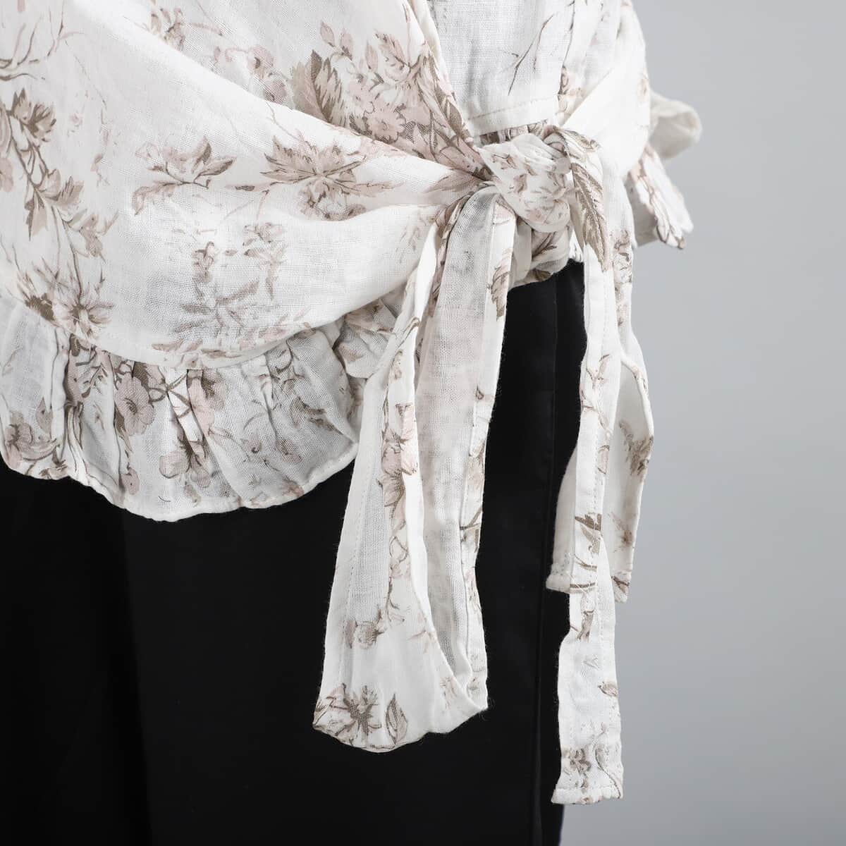 JOVIE Khaki Floral Cotton Gauze Wrap Blouse with Frill Trim - One Size Missy image number 4