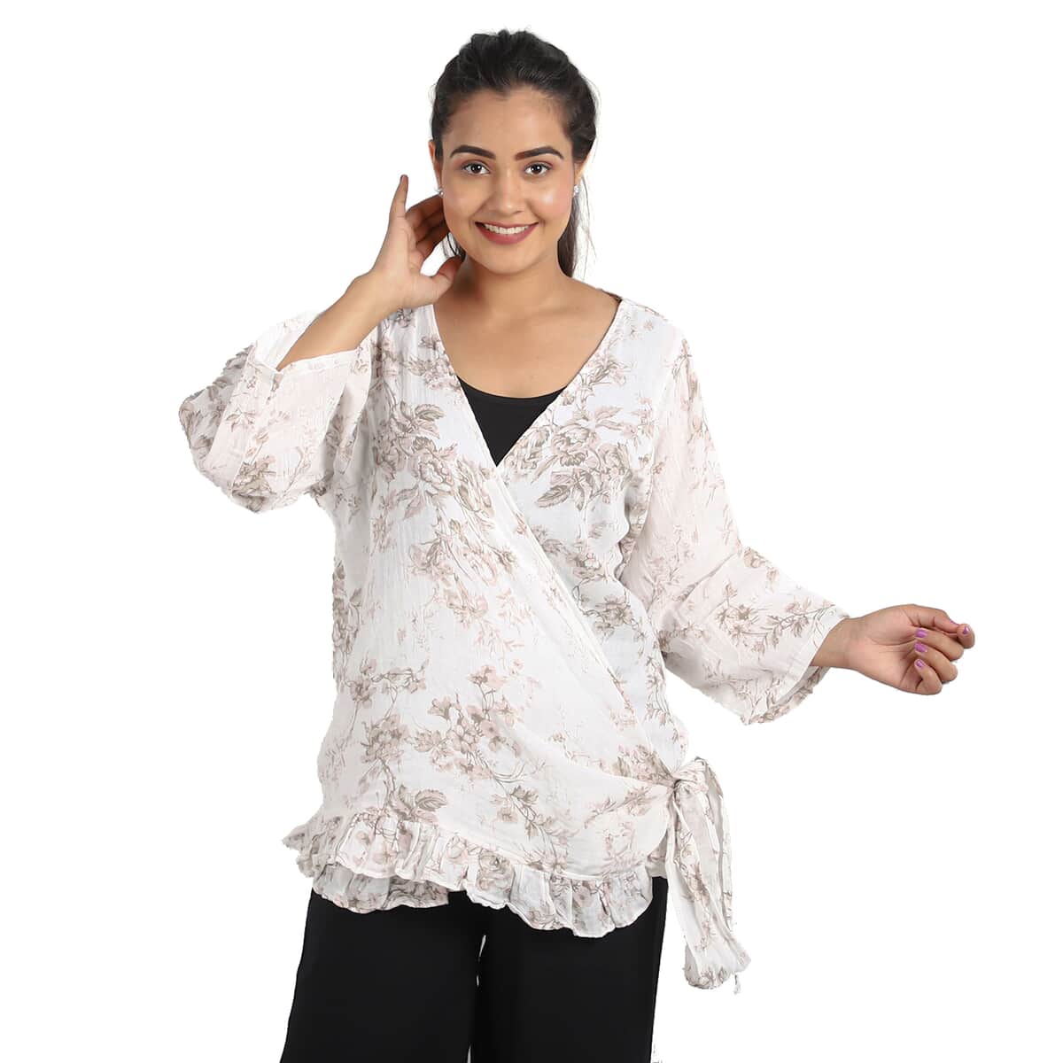 JOVIE Khaki Floral Cotton Gauze Wrap Blouse with Frill Trim - One Size Plus image number 0