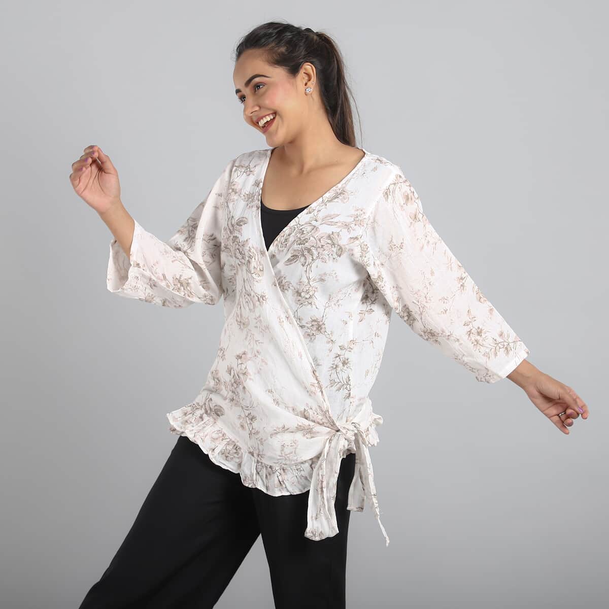 JOVIE Khaki Floral Cotton Gauze Wrap Blouse with Frill Trim - One Size Plus image number 2