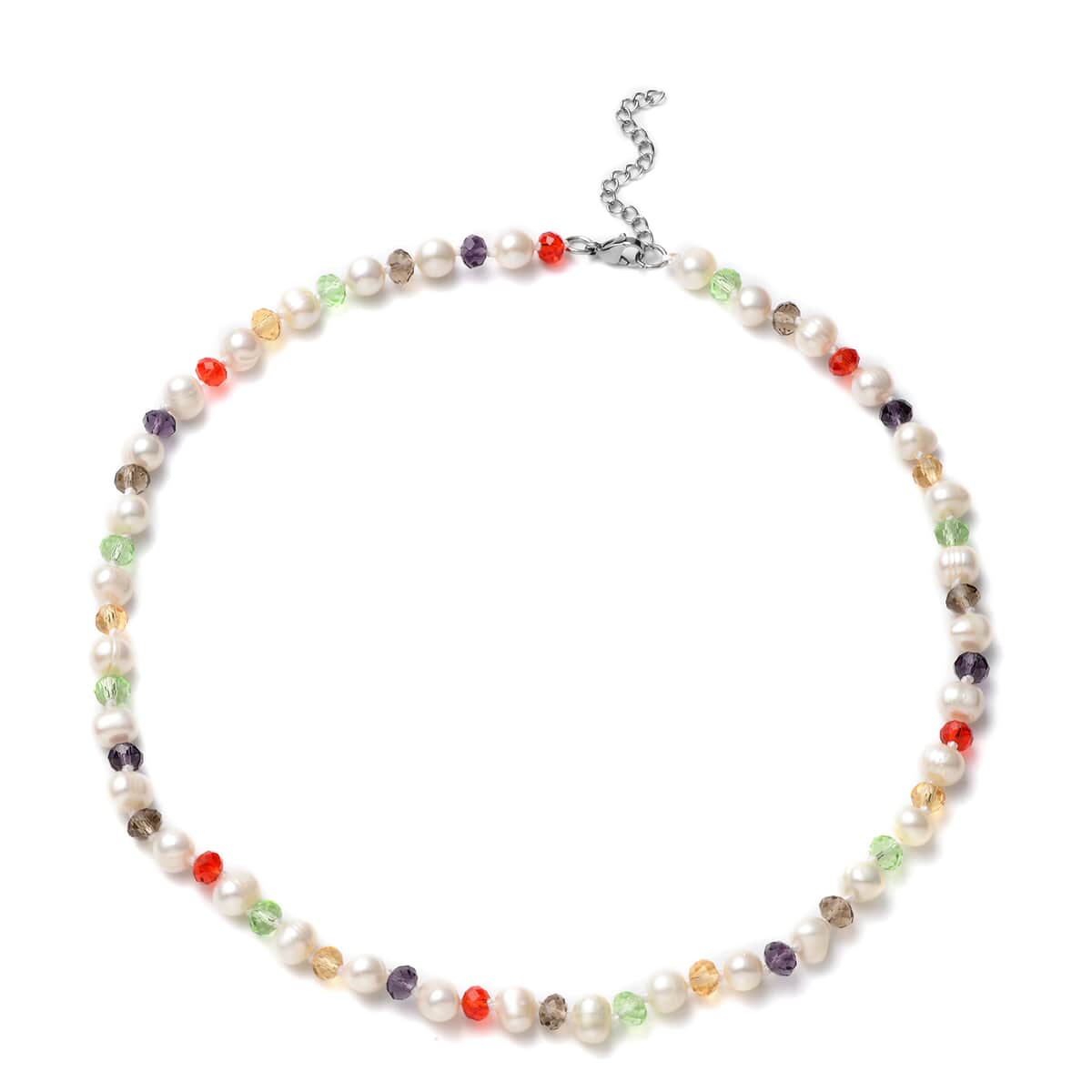 White Freshwater Pearl and Simulated Multi Color Diamond Necklace 18-20 Inches in Stainless Steel image number 0