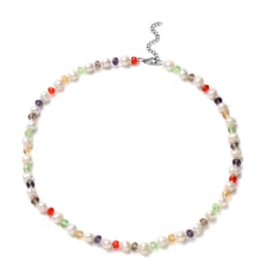 White Freshwater Pearl and Simulated Multi Color Diamond Necklace 18-20 Inches in Stainless Steel