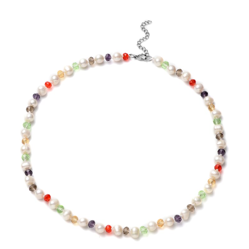 White Freshwater Pearl and Simulated Multi Color Diamond Necklace in Stainless Steel 18-20 Inches