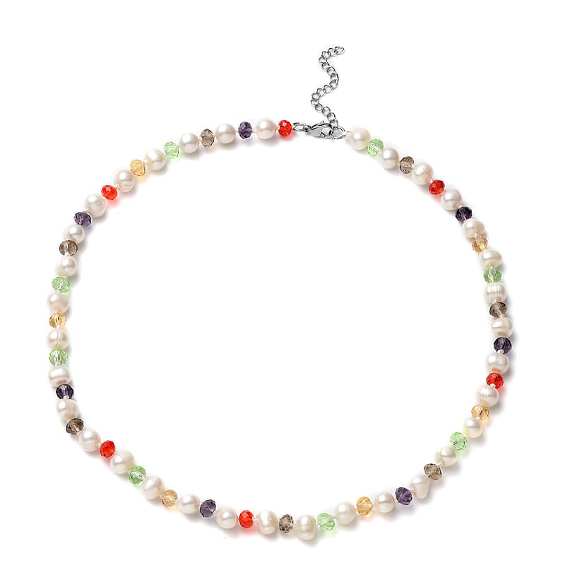 White Freshwater Pearl and Simulated Multi Color Diamond Necklace in Stainless Steel 18-20 Inches