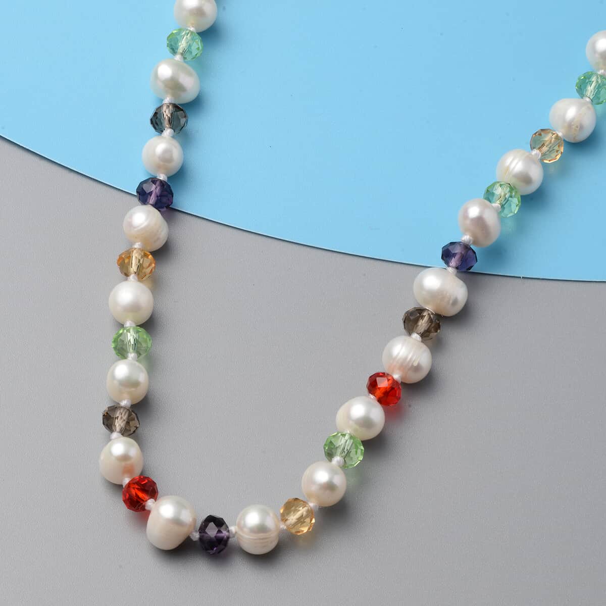 White Freshwater Pearl and Simulated Multi Color Diamond Necklace 18-20 Inches in Stainless Steel image number 1