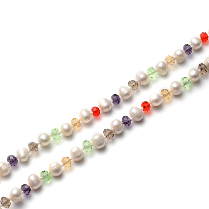 White Freshwater Pearl and Simulated Multi Color Diamond Necklace in Stainless Steel 18-20 Inches