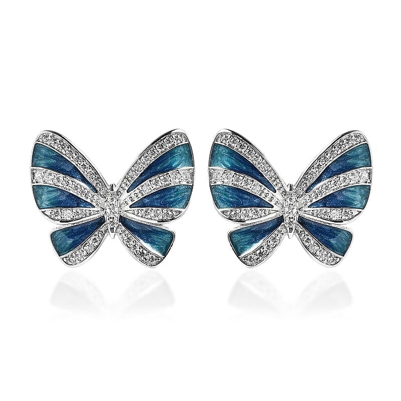 Simulated Diamond Butterfly Earrings in Silvertone