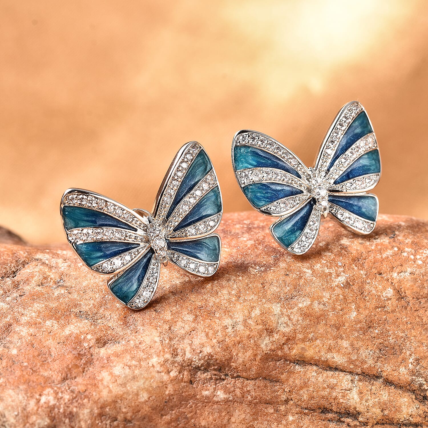Simulated Diamond Butterfly Earrings in Silvertone