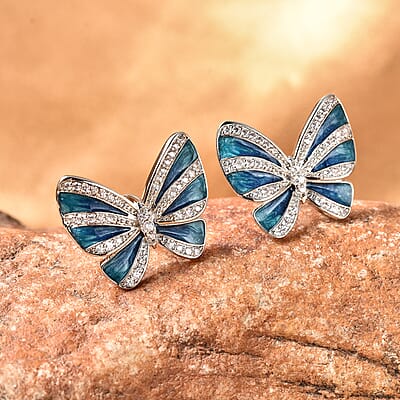 Simulated Diamond Butterfly Earrings in Silvertone