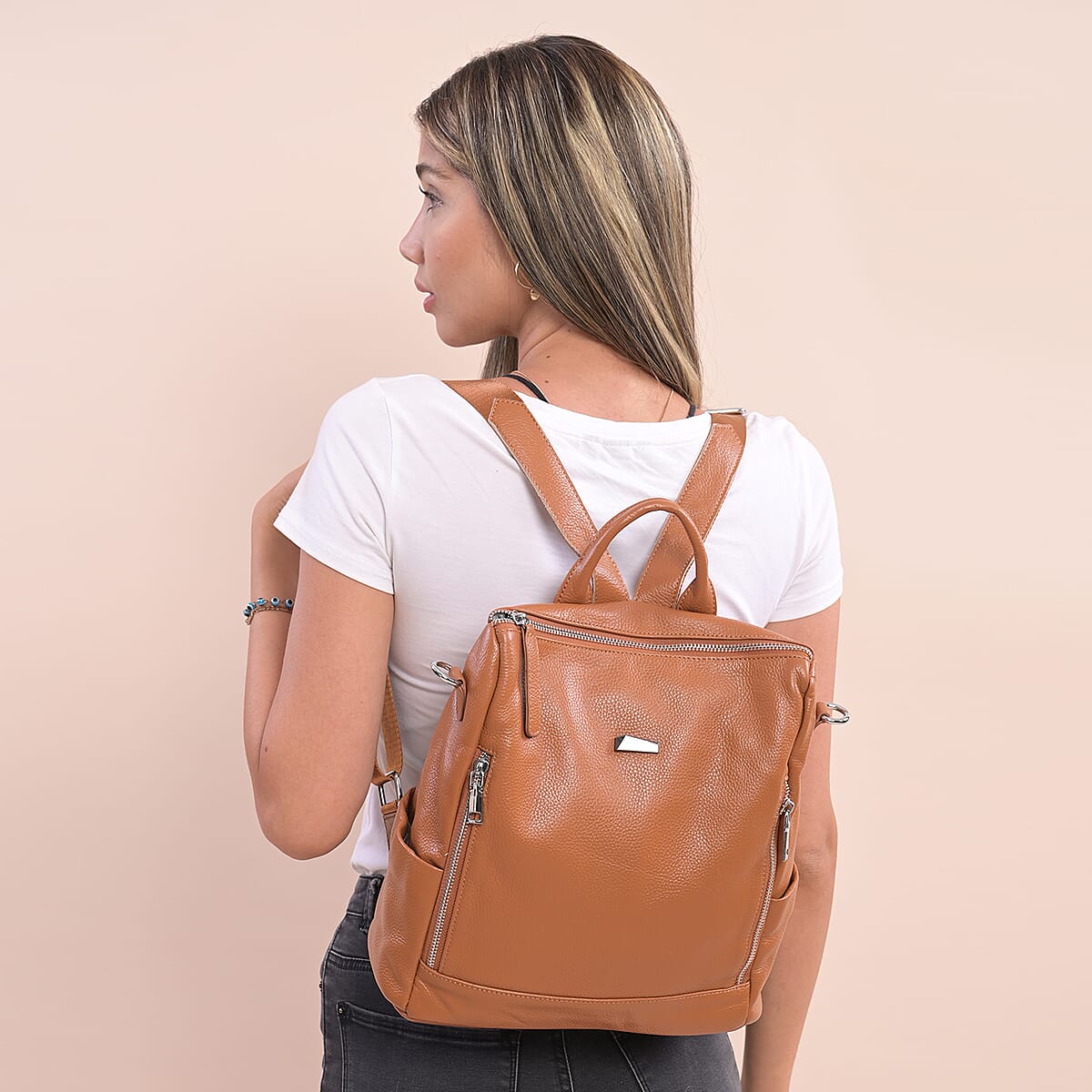 Black Genuine Leather Backpack Or Shoulder Bag with Detachable Shoulder Strap image number 2