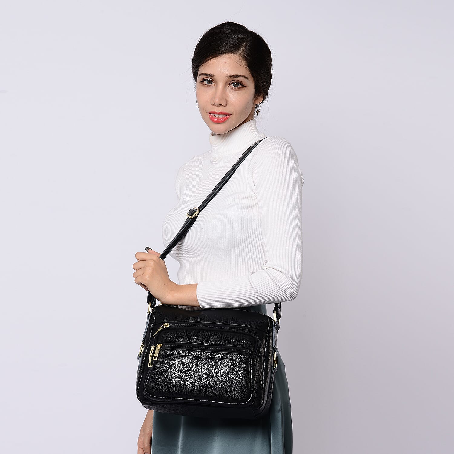 Passage Black Genuine Leather Crossbody Bag with Multi Pockets & 46 Inch Adjustable Shoulder Strap