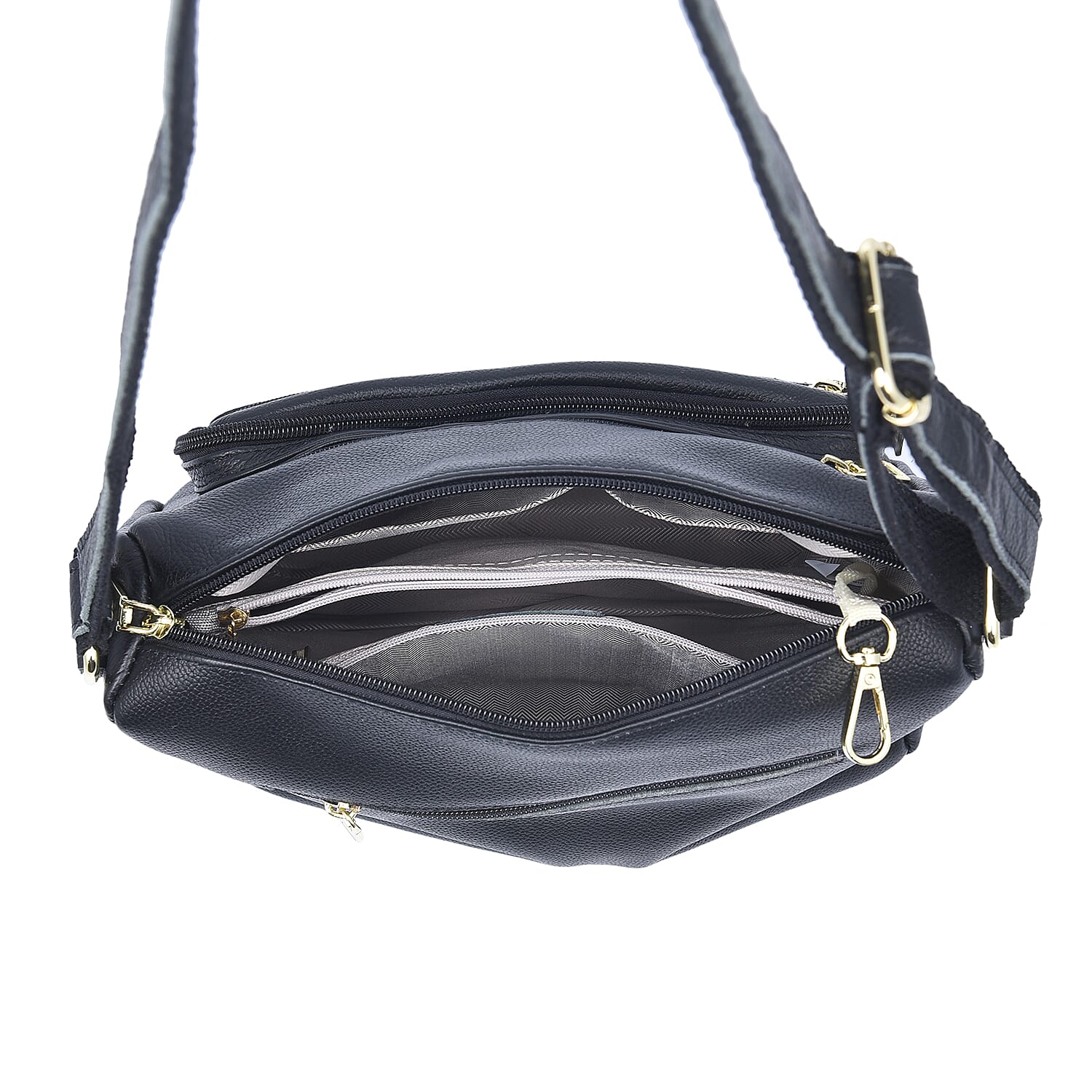 Passage Black Genuine Leather Crossbody Bag with Multi Pockets & 46 Inch Adjustable Shoulder Strap