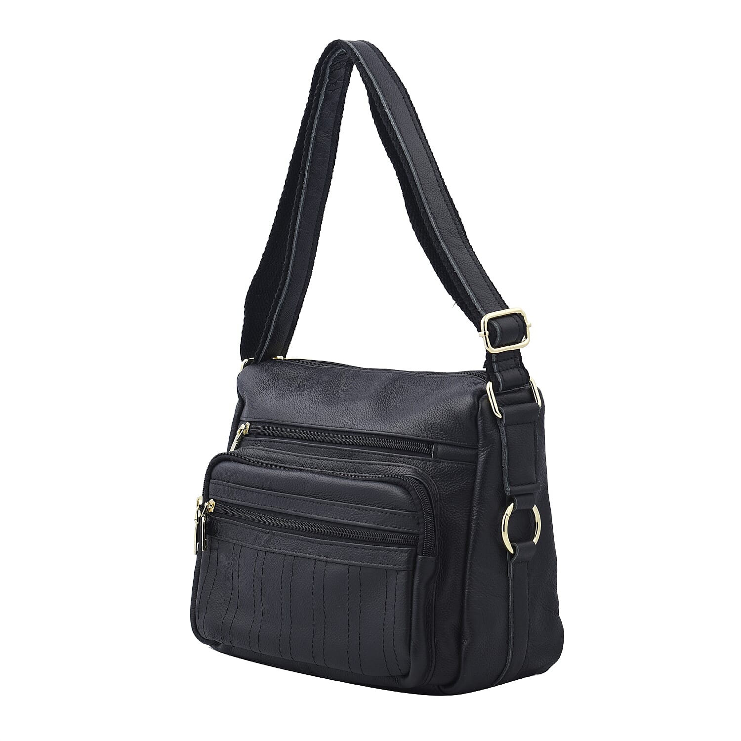 Passage Black Genuine Leather Crossbody Bag with Multi Pockets & 46 Inch Adjustable Shoulder Strap