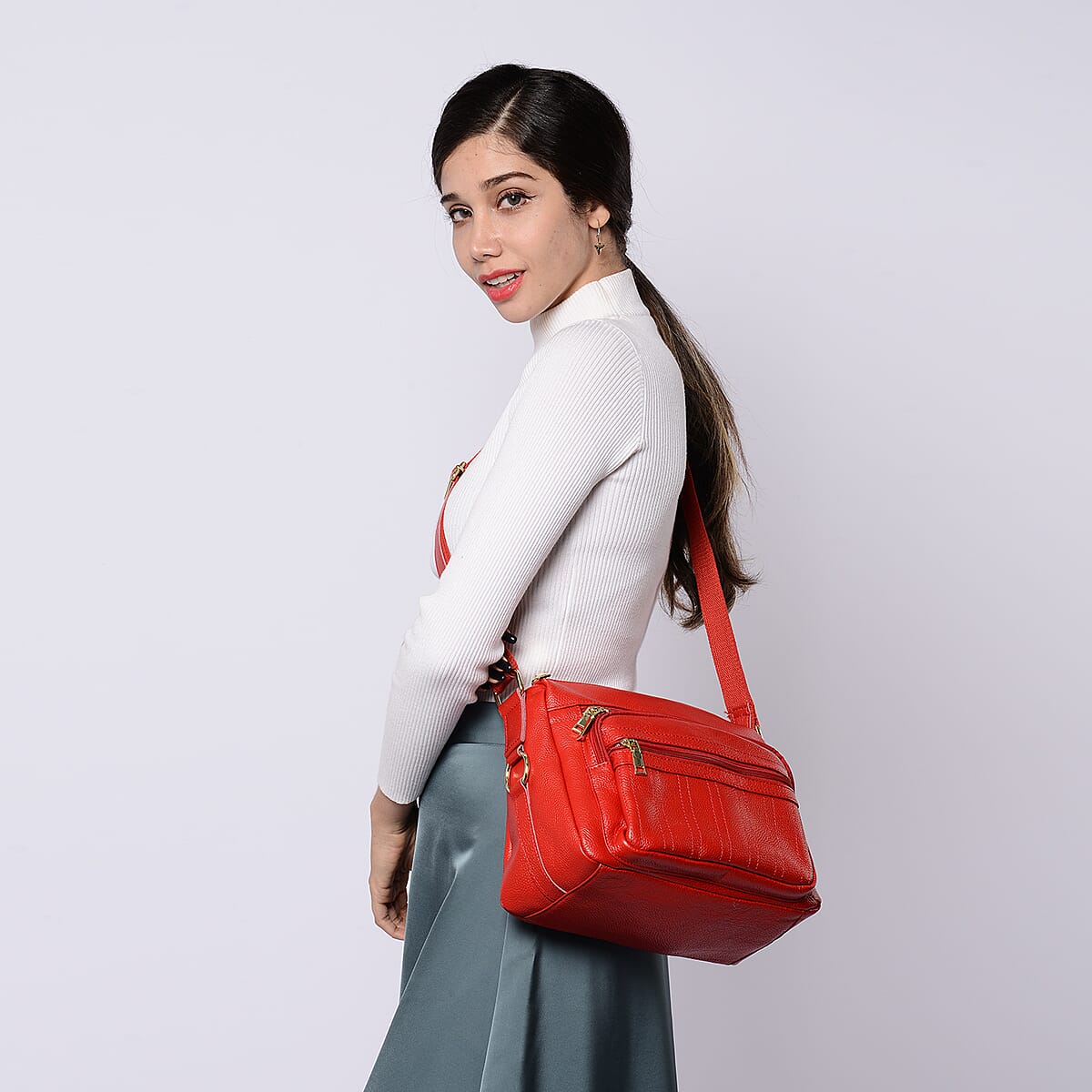 PASSAGE Black Genuine Leather Crossbody Bag with Multi Pockets & 46 Inches Adjustable Shoulder Strap image number 2