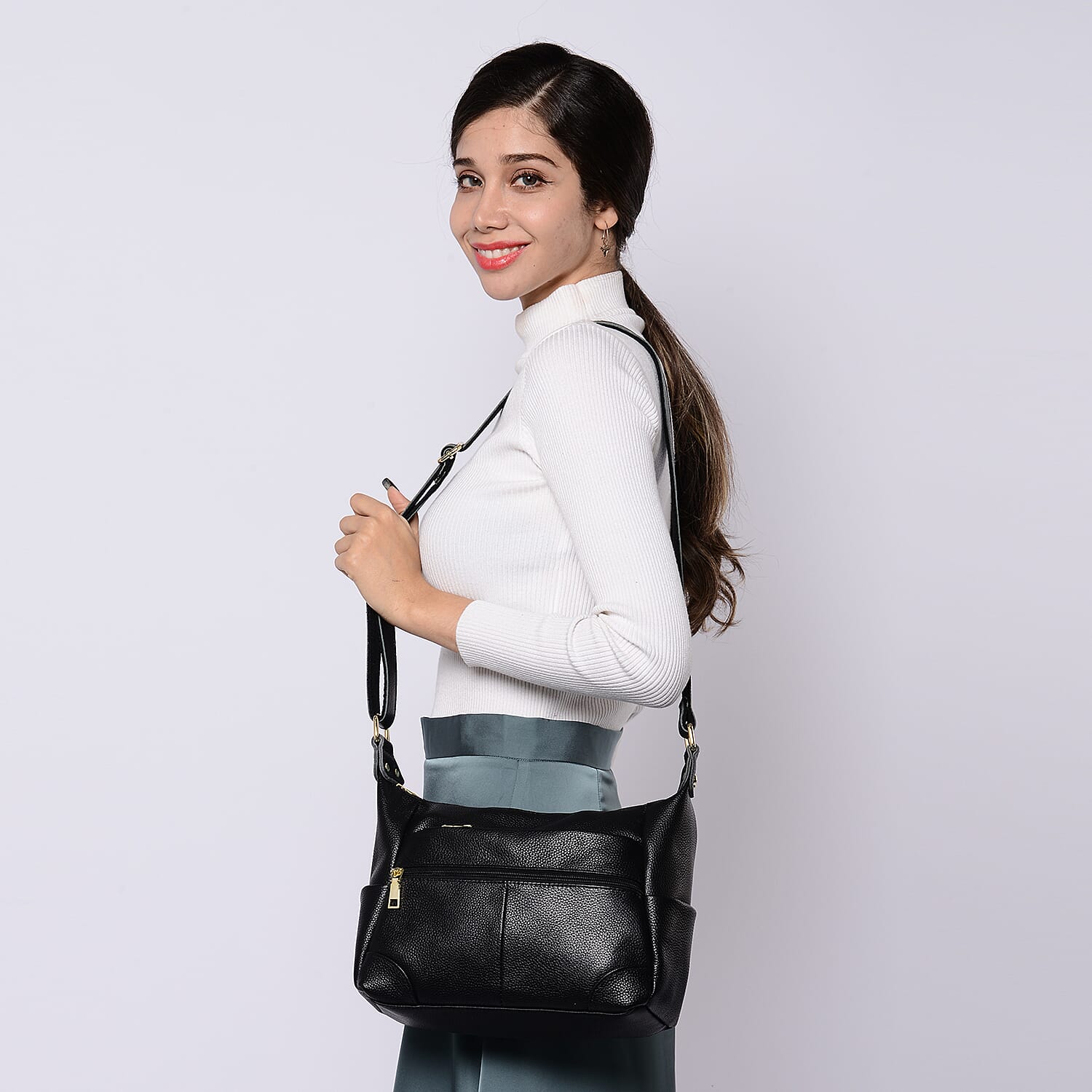 Passage Black Genuine Leather Crossbody Bag with Multi Pockets & 46 Inches Adjustable Shoulder Strap