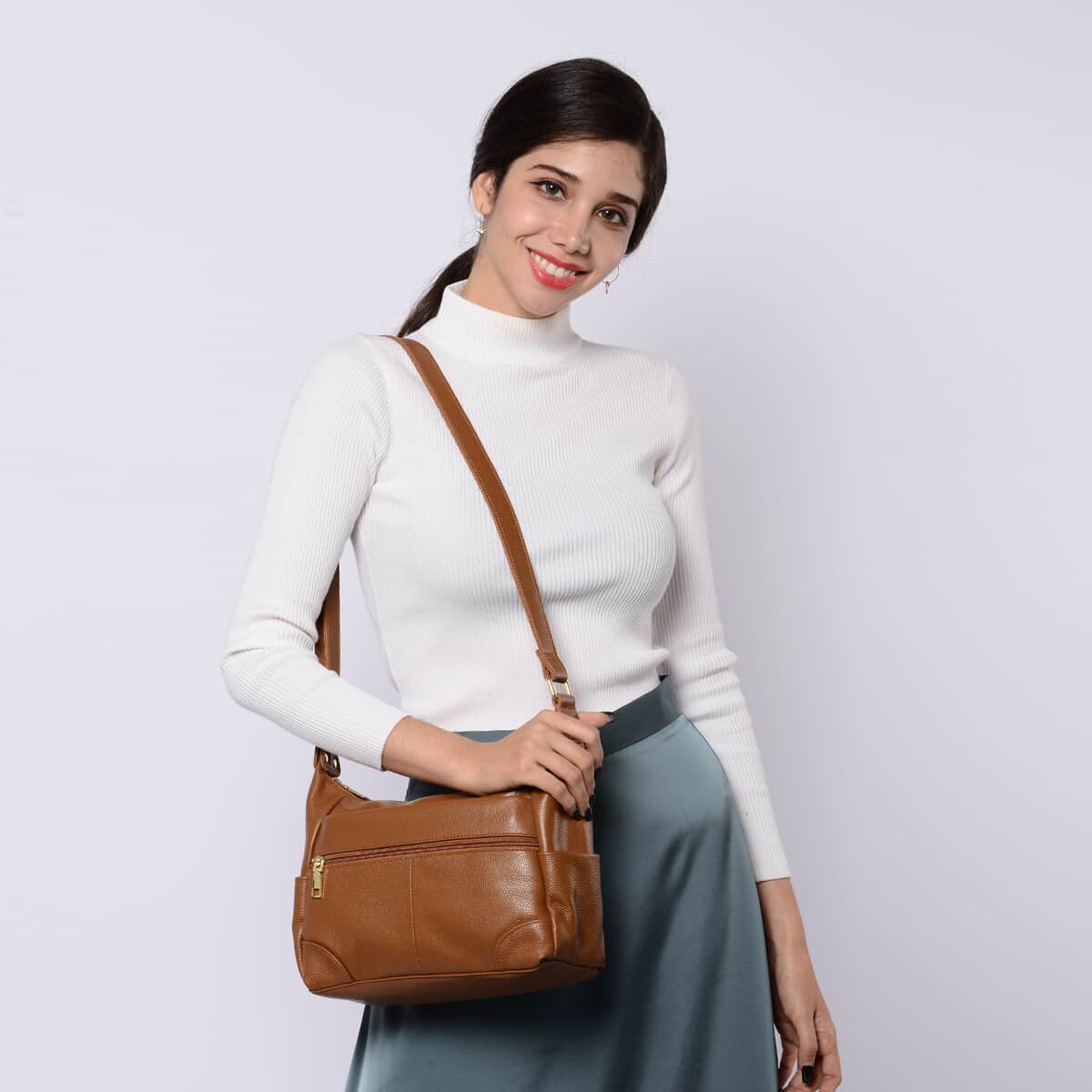 Passage Brown Genuine Leather Crossbody Bag with Multi Pockets & 46 Inches Adjustable Shoulder Strap image number 1
