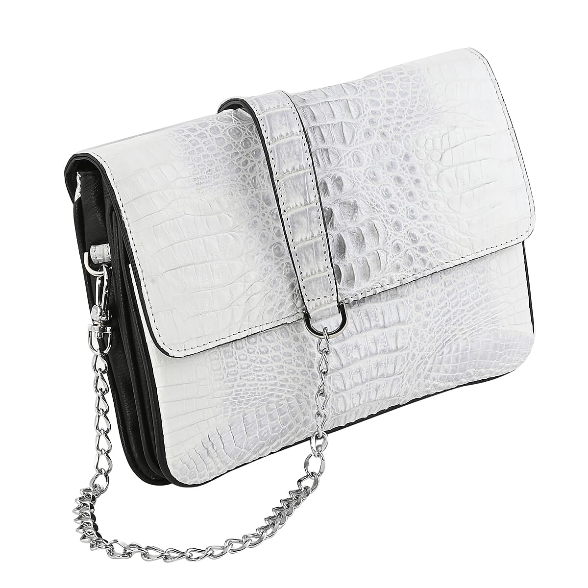 RIVER Brand Closeout, Organic Caiman Crocodile Natural Black Shoulder Bag image number 2