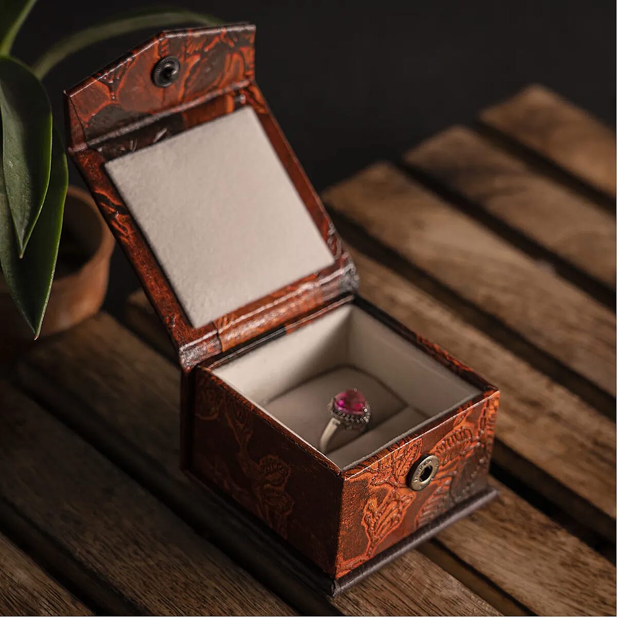 Brown Genuine Goat Leather Embossed Ring Box image number 1