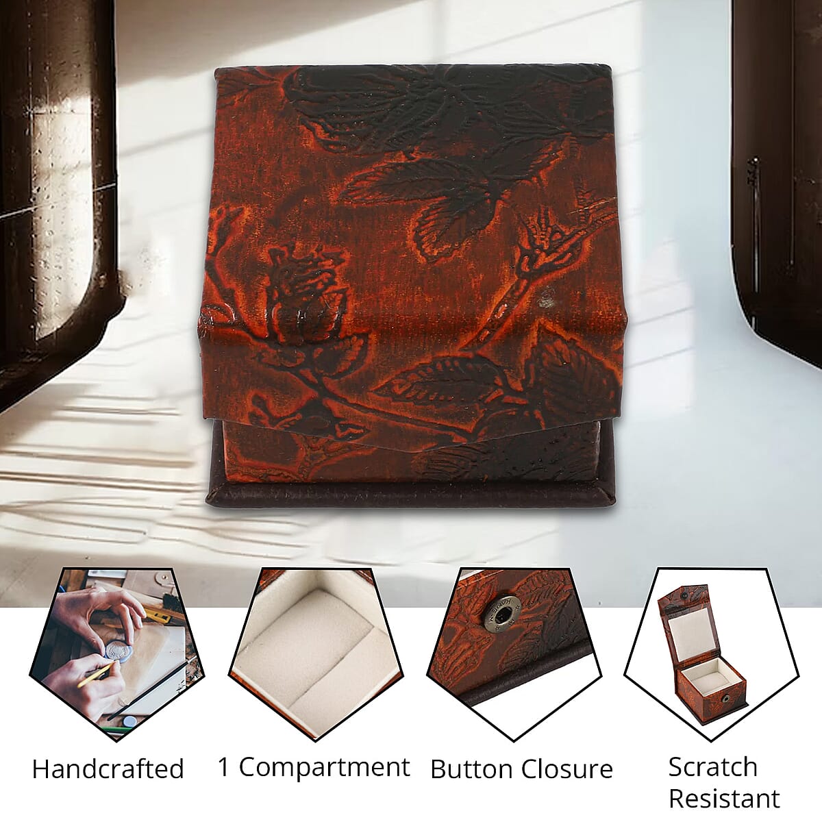 Brown Genuine Goat Leather Embossed Ring Box image number 2