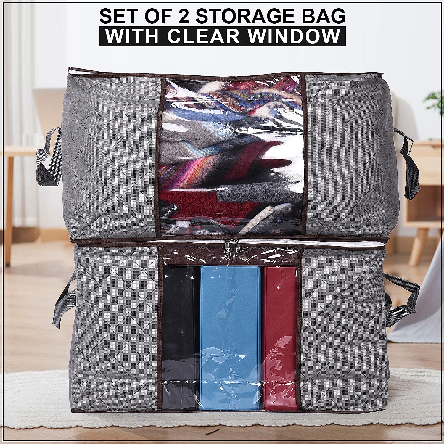 Set of 2 Grey Non Woven Fabric Storage Bag with Clear Window