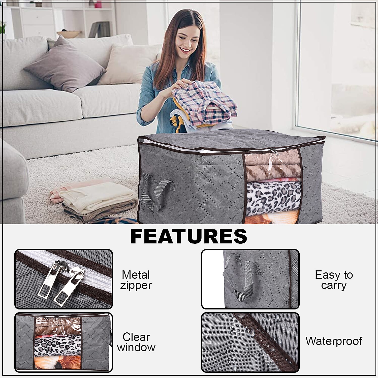 Set of 2 Grey Non Woven Fabric Storage Bag with Clear Window