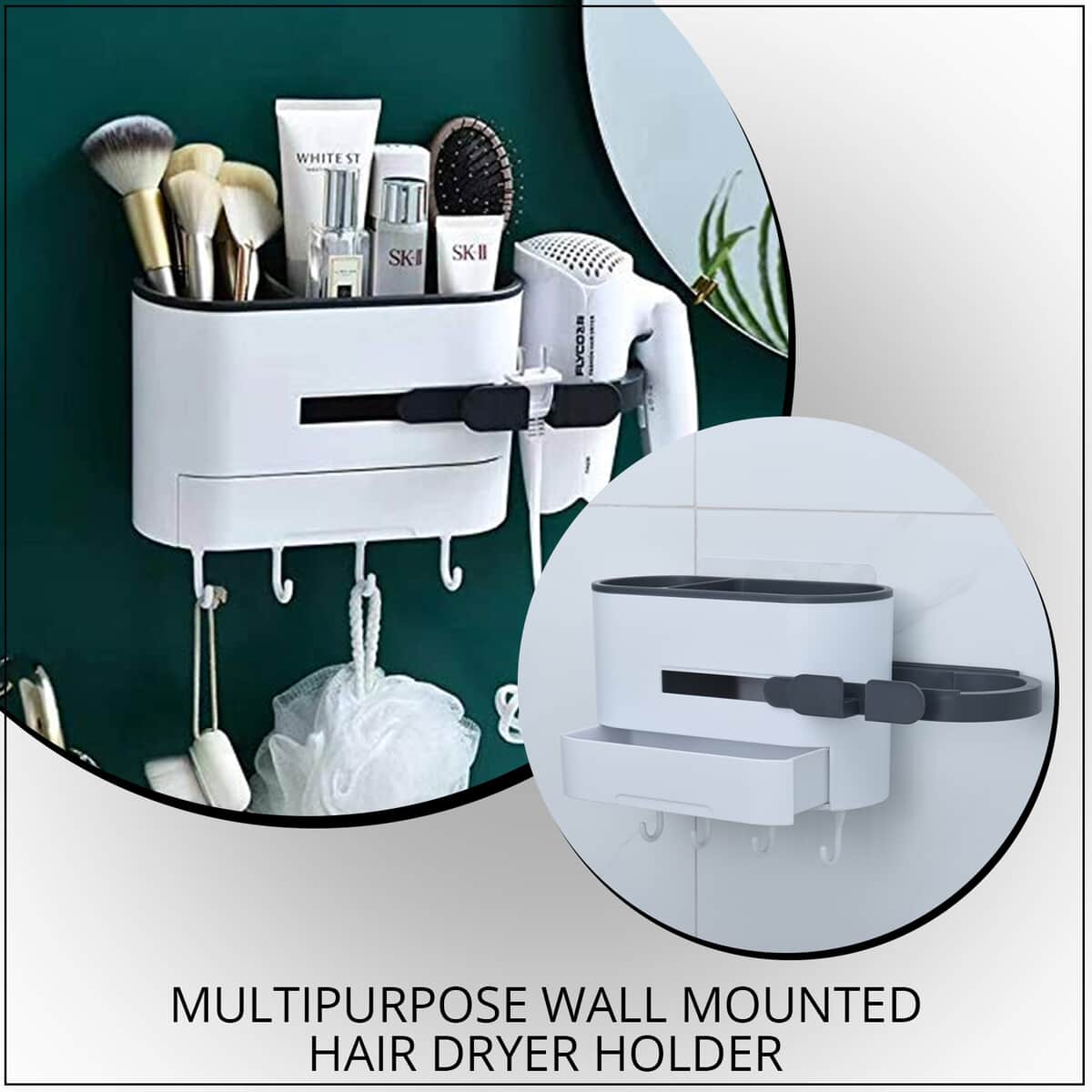 Black & White Multipurpose Wall Mounted Hair Dryer Holder, Rack For Organizer, Hair Care Tools Organizer Basket image number 1
