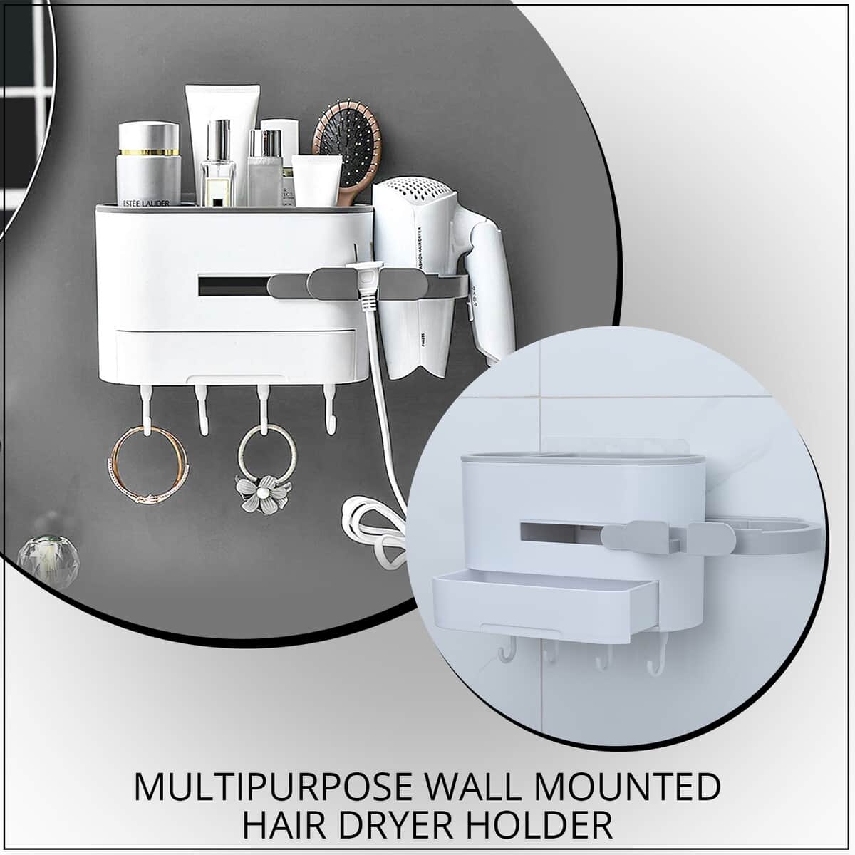 Gray & White Multipurpose Wall Mounted Hair Dryer Holder image number 1