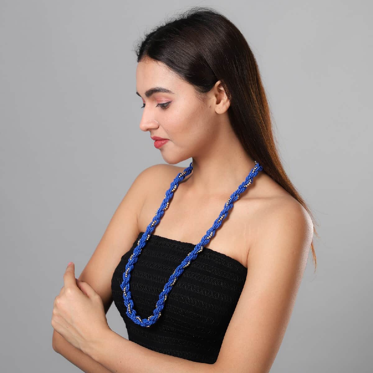 Blue Glass Seed Beaded Necklace (30 Inches) in Goldtone image number 1