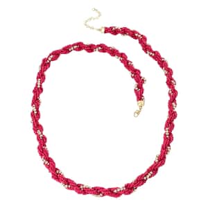 Fuchsia Glass Seed Beaded Necklace (30 Inches) in Goldtone