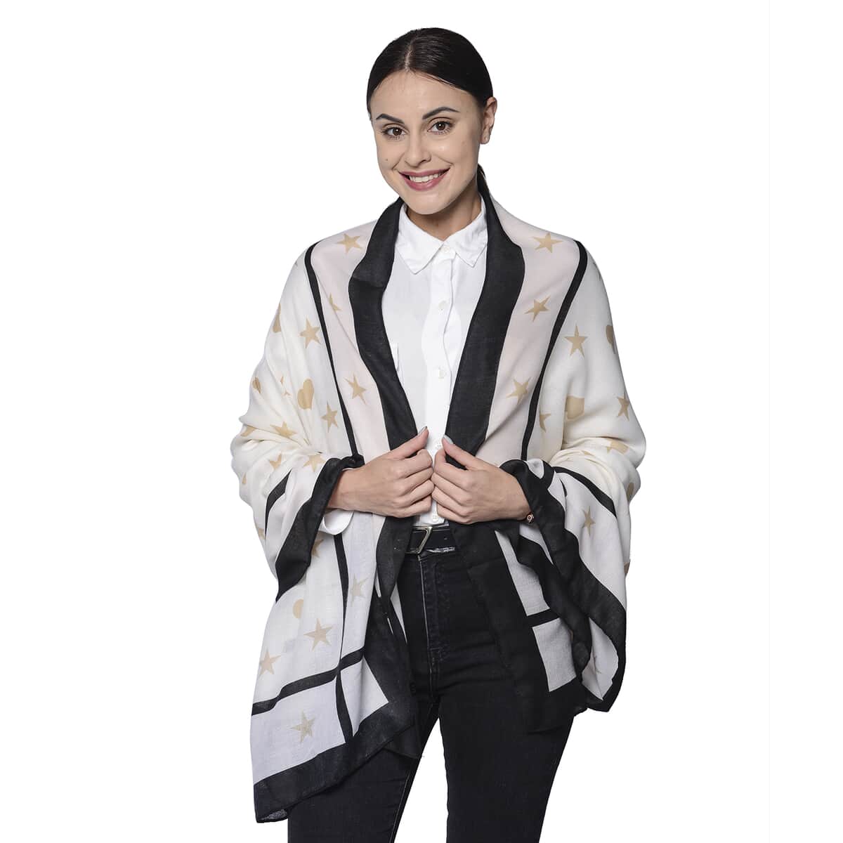 Beige and Black Lovely Star & Heart Print Pattern Polyester Scarf (70"x31") image number 0