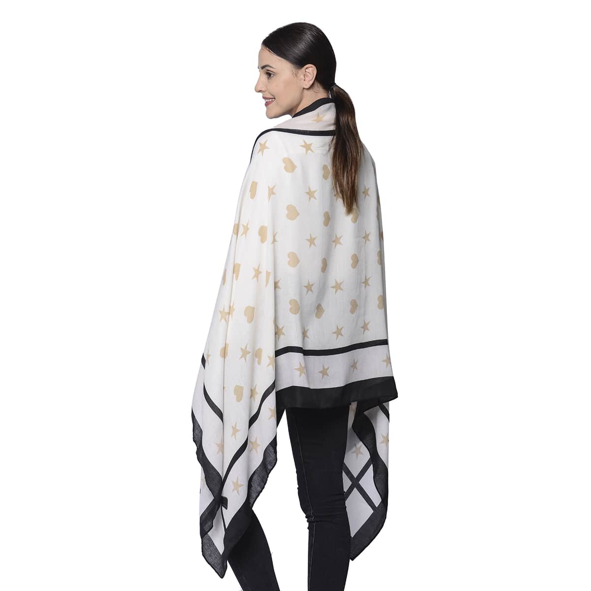 Beige and Black Lovely Star & Heart Print Pattern Polyester Scarf (70"x31") image number 1