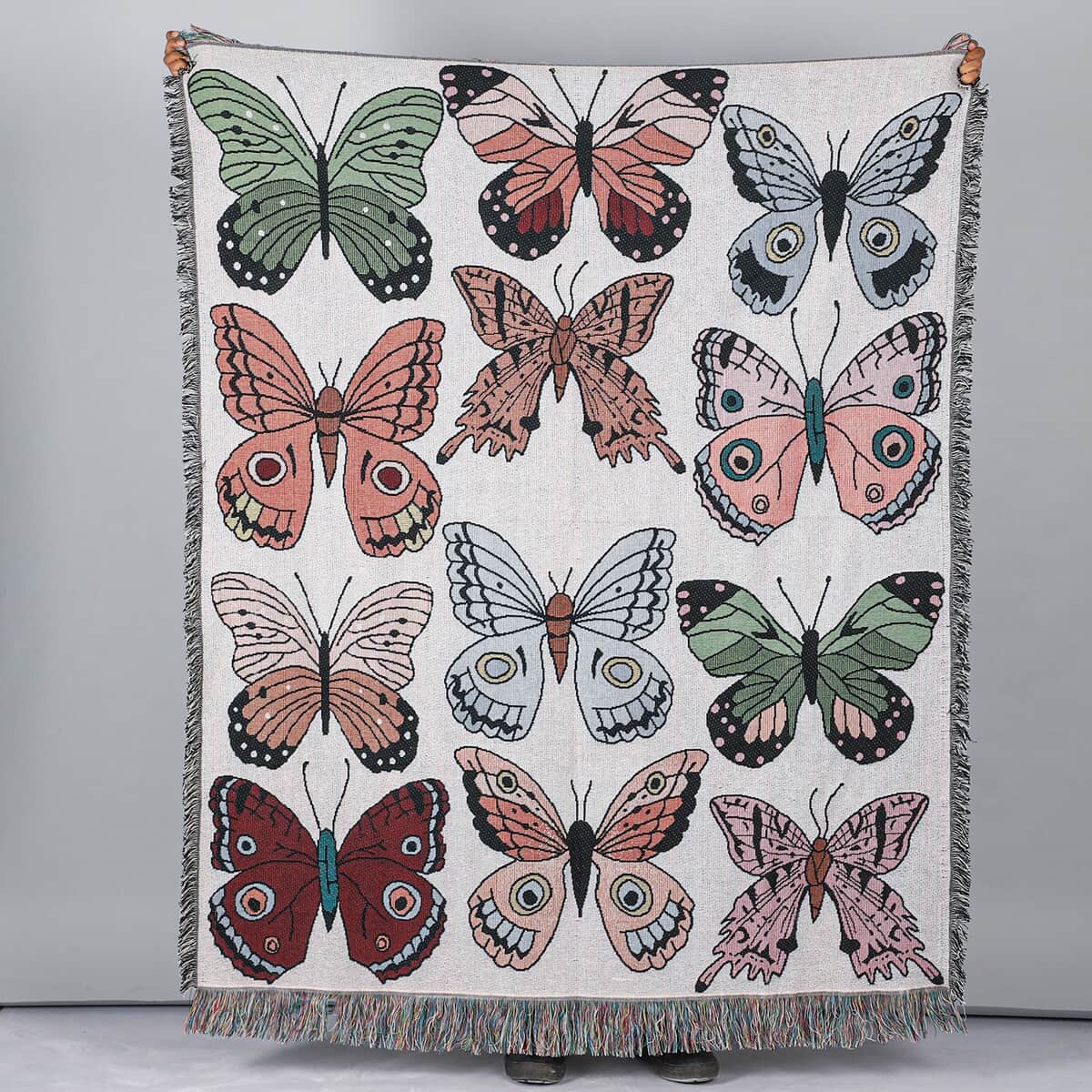 Multi Color Jacquard Butterfly Woven Printed Cotton Throw with Fringes (50"x60") 1.65lbs image number 0
