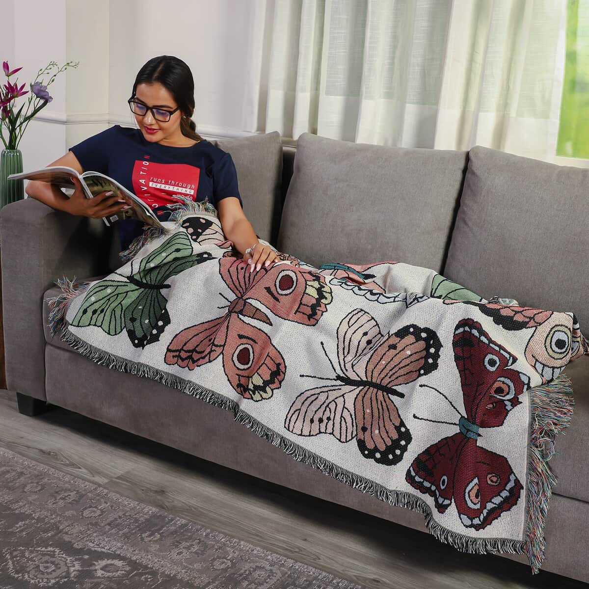Multi Color Jacquard Butterfly Woven Printed Cotton Throw with Fringes (50"x60") 1.65lbs image number 1