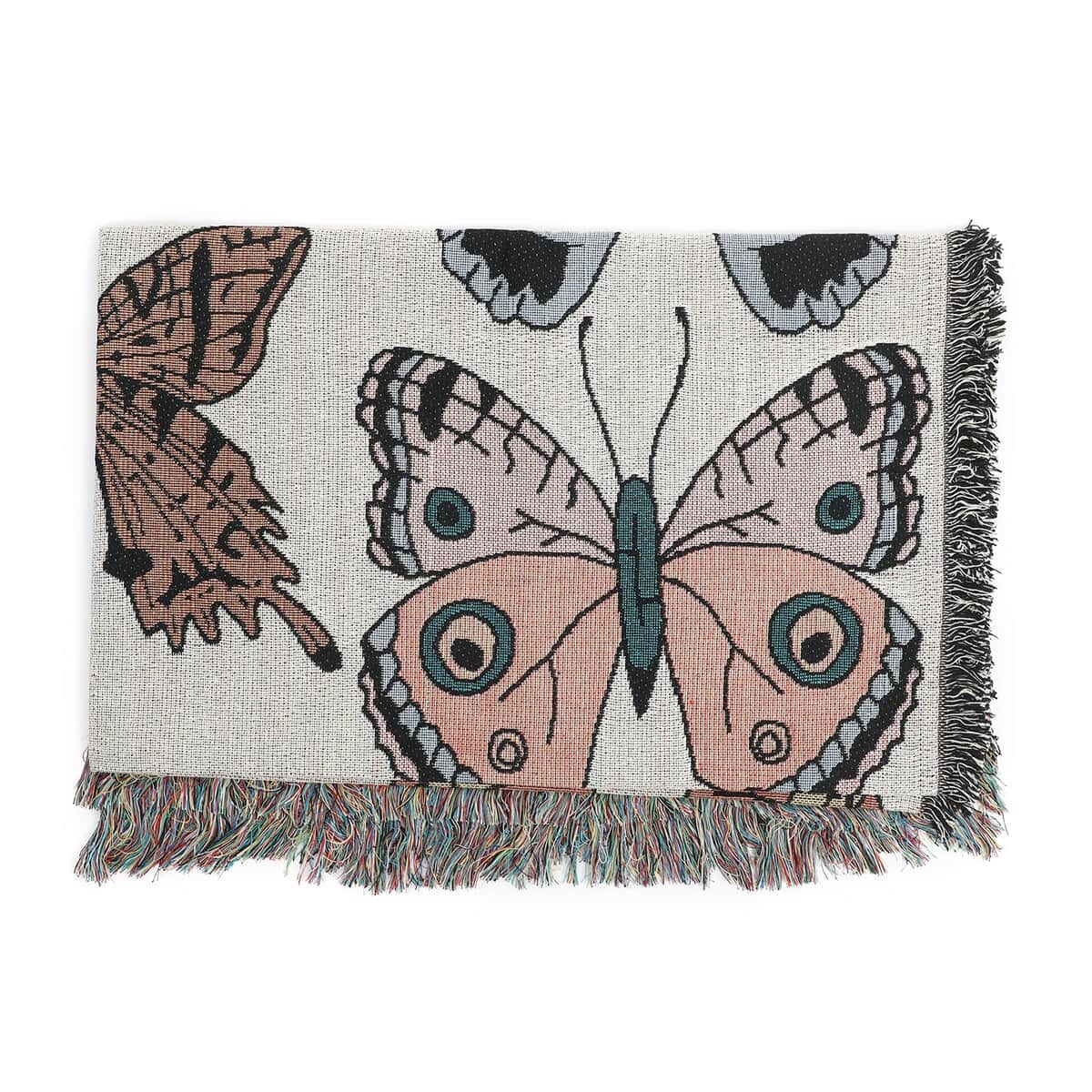 Multi Color Jacquard Butterfly Woven Printed Cotton Throw with Fringes (50"x60") 1.65lbs image number 3