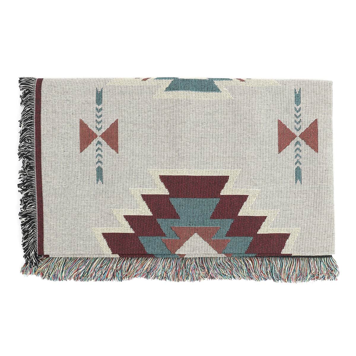 Ivory & Red Jacquard Santa Fe Woven Printed Cotton Throw with Fringes 1.65lbs | Cotton Throw Blanket | Soft Blanket image number 3