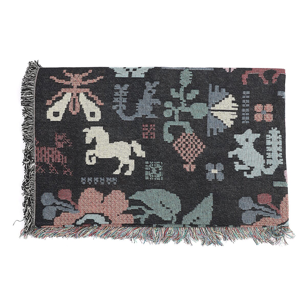 Black & Multi Color Jacquard Floral Woven Printed Cotton Throw with Fringes 1.65lbs | Cotton Throw Blanket | Soft Blanket image number 3