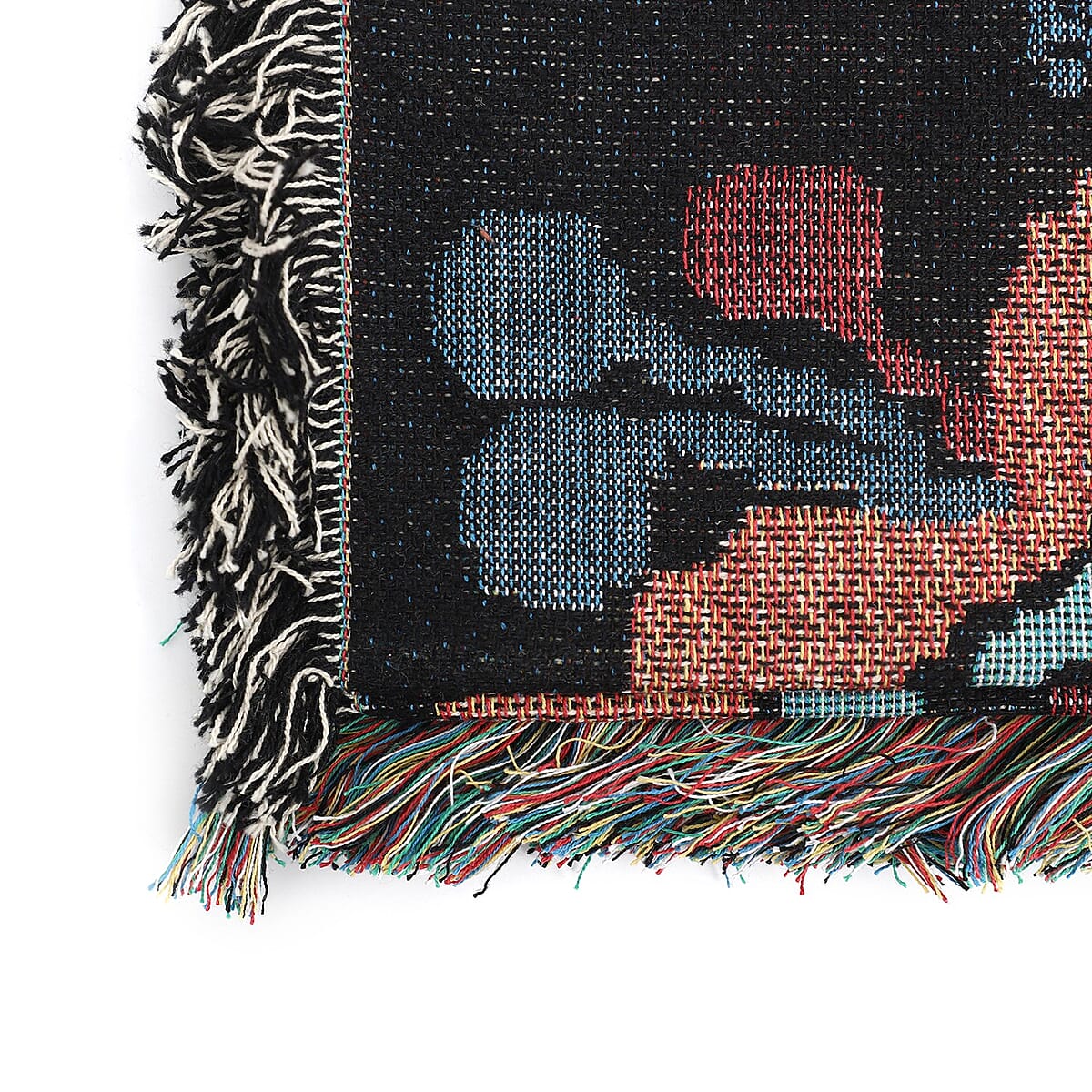 Black & Multi Color Jacquard Floral Woven Printed Cotton Throw with Fringes 1.65lbs | Cotton Throw Blanket | Soft Blanket image number 4