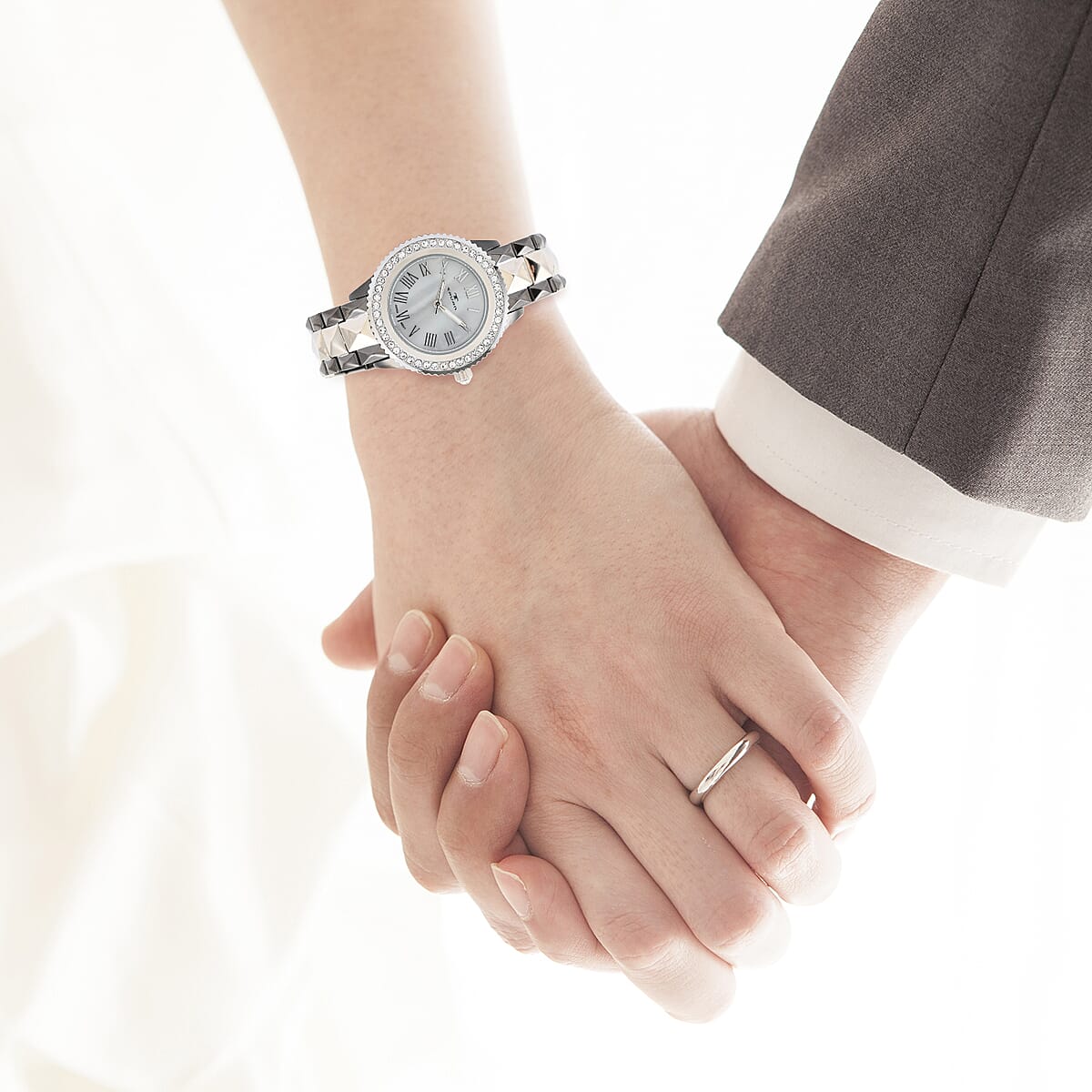 TAVAN Made with Finest CZ Japanese Movement MOP Dial Watch in Silvertone and Black (39mm) 0.50 ctw image number 1