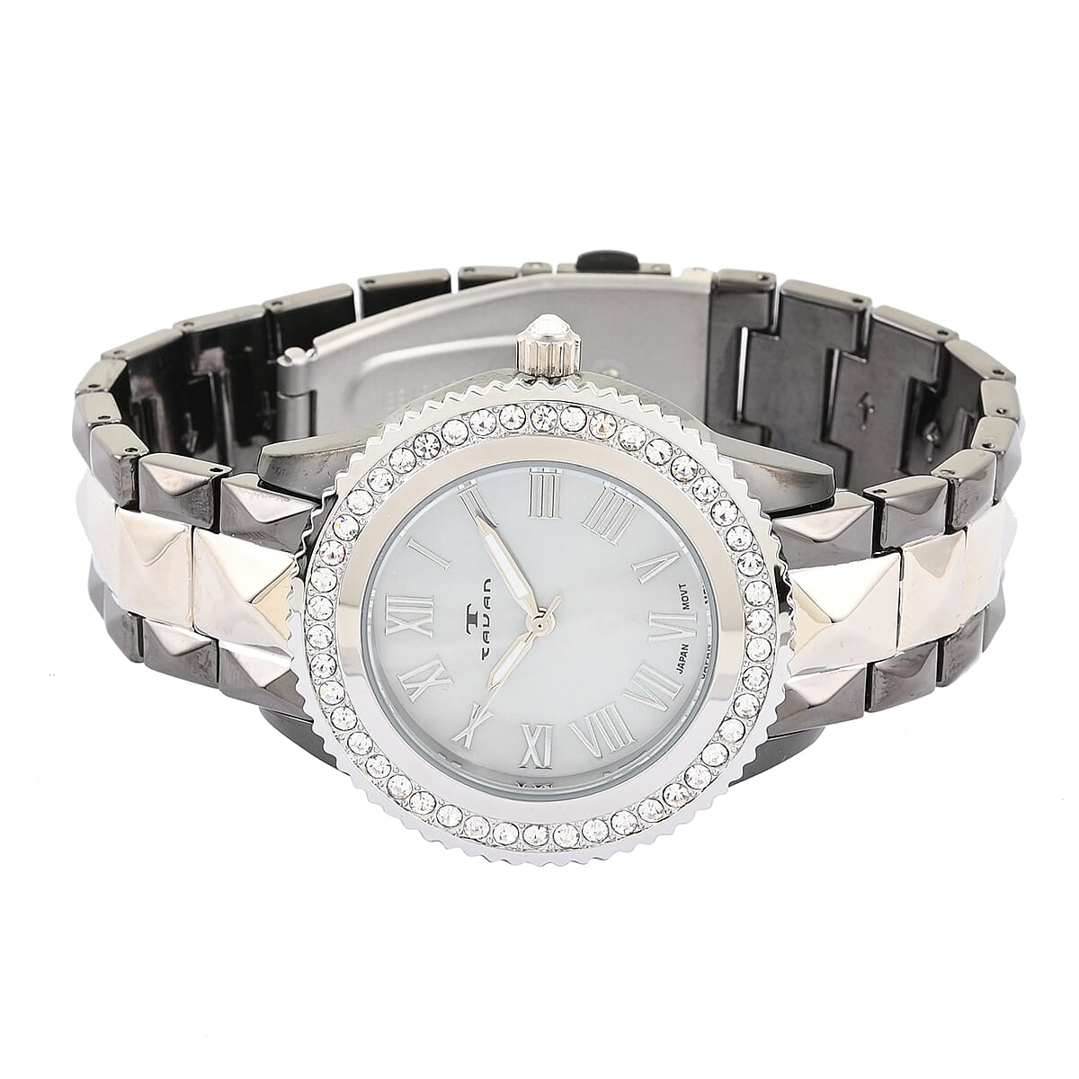 TAVAN Made with Finest CZ Japanese Movement MOP Dial Watch in Silvertone and Black (39mm) 0.50 ctw image number 2